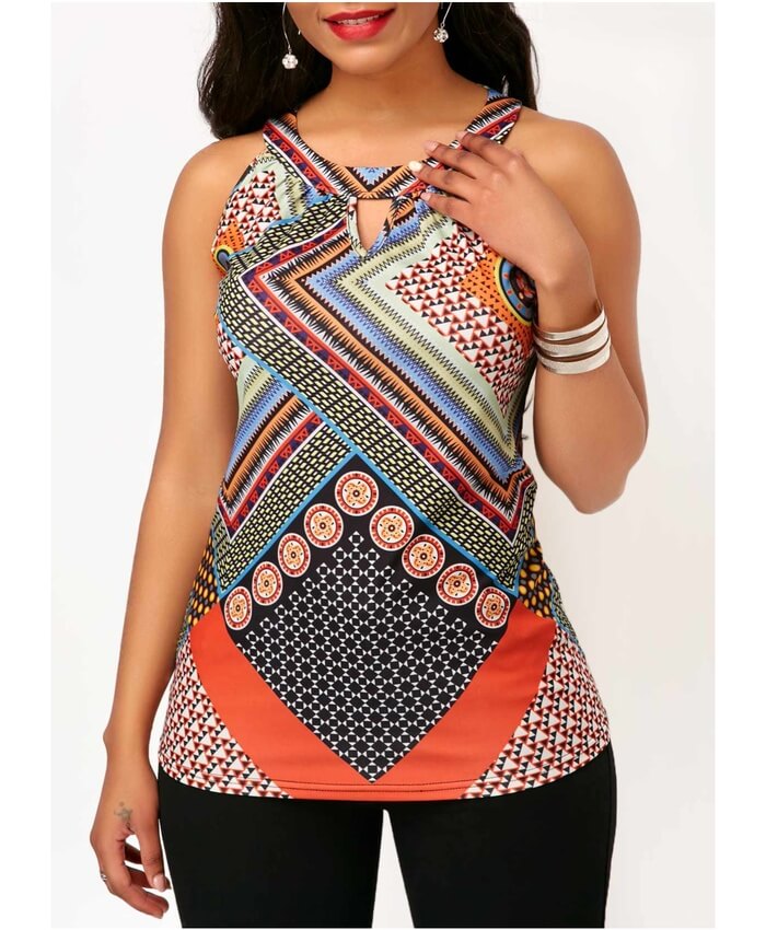 Round Neck Printed Keyhole Neckline Tank Top